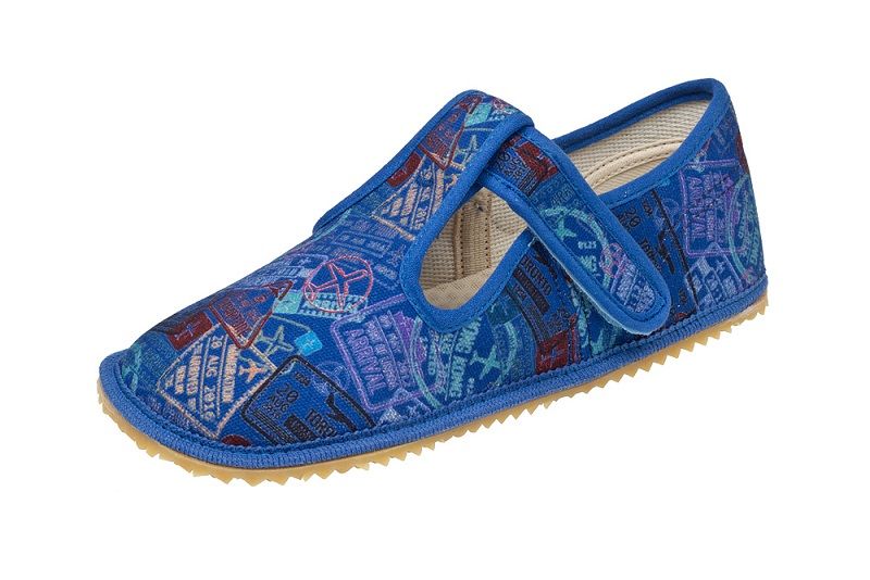 Beda barefoot - bačkorky suchý zip - modré s nápisy